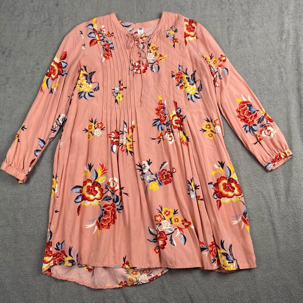 Old Navy Women's  Blush Pink Floral Blous‎ Large Long Sleeve Bow Neck Pleat - Picture 6 of 15